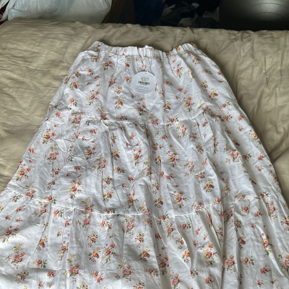 Petal & Pup White Tiered Maxi Skirt with Pink & Orange Floral Print.Has Pockets!